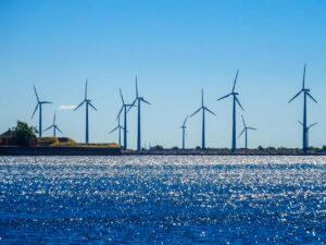 wind farm on sea shore