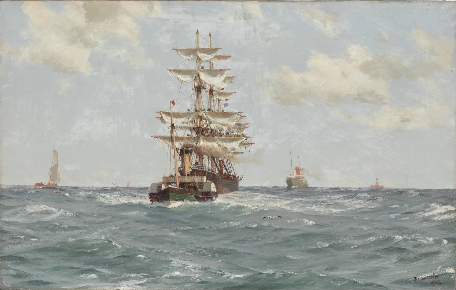 Paddle Tug towing Full Rigged Ship (oil painting)